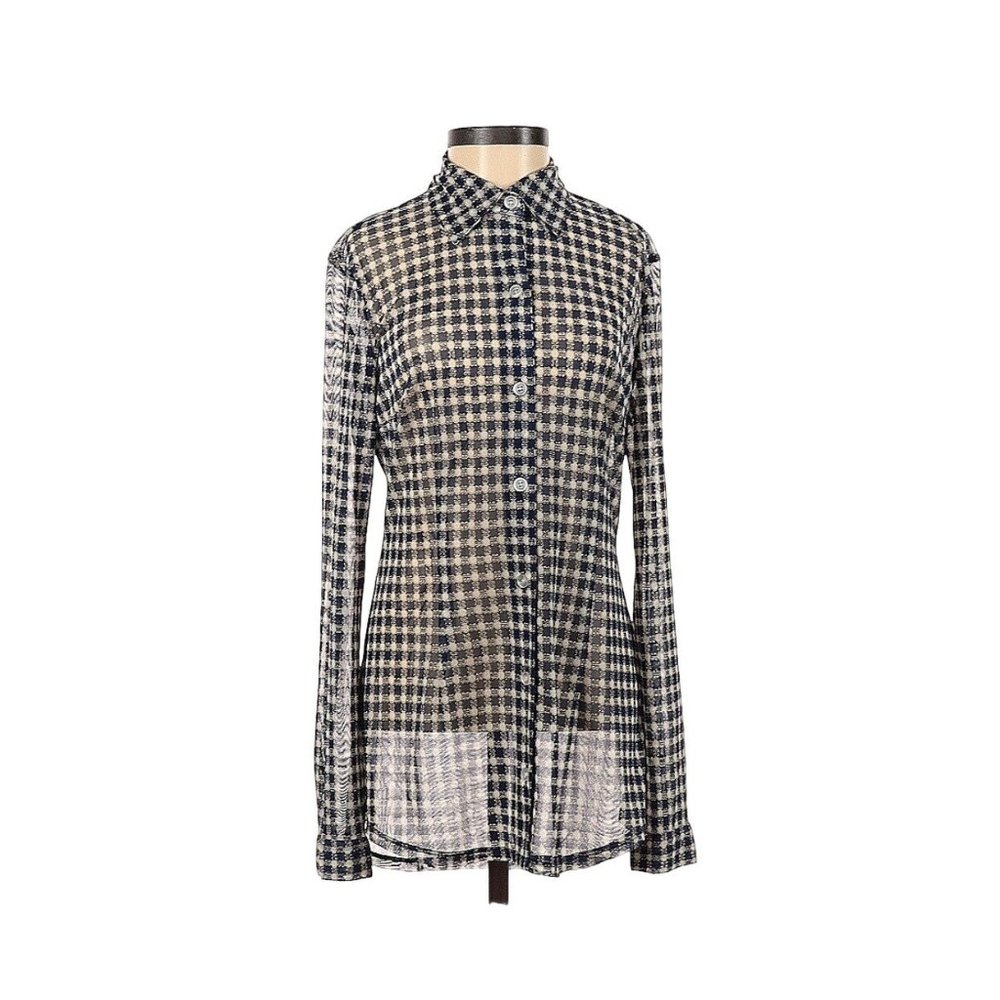 CAbi Sheer Blue Ivory Gingham Check Button Up Long Sleeve Top Size XS Stretch - Picture 7 of 8